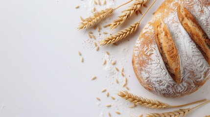 Aufkleber - A freshly baked wheat bread loaf with a golden-brown crust is displayed on a white background, surrounded by wheat stalks and scattered flour. Generative AI