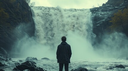 Wall Mural - Engineer Observing Powerful Waterfall. Engineer stands in awe before a massive, powerful waterfall, exemplifying the raw force harnessed by hydroelectric dams.