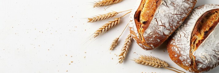 Poster - Two freshly baked wheat bread loaves on a white background with wheat stalks scattered around. Generative AI