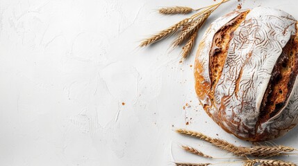 Poster - A freshly baked bread loaf made with wheat flour sits on a white background, surrounded by sprigs of wheat. Generative AI