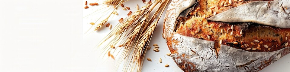 Aufkleber - A freshly baked wheat bread loaf with sprouted grains and wheat ears on a white background. Generative AI