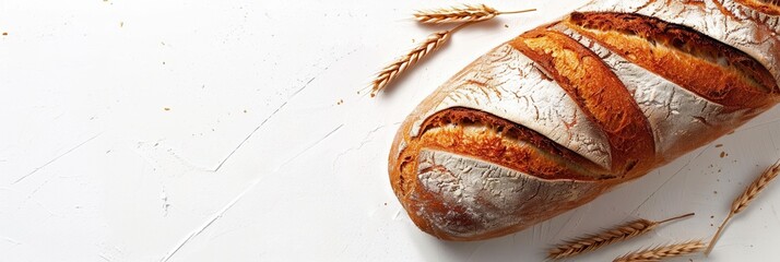 Poster - A freshly baked bread loaf with wheat flour on a white background. A few sprays of wheat are arranged around the bread loaf. Generative AI