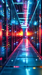 Poster - A row of computer servers in a data center. Concept of cyberspace, communication and technology.