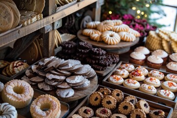 Wall Mural - Wooden market stall showcasing a variety of freshly baked christmas cookies and pastries