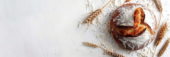 Aufkleber - A freshly baked bread loaf dusted with flour sits on a white surface, surrounded by wheat sprouts.