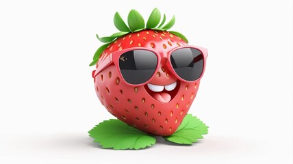 A 3D rendered cute kawaii strawberry wearing sunglasses isolated on white background