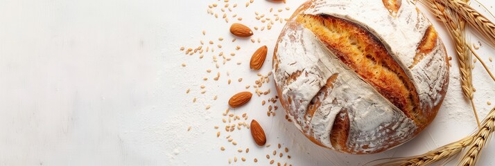 Poster - A freshly baked loaf of bread sits on a white background, surrounded by almonds and wheat sprouts.