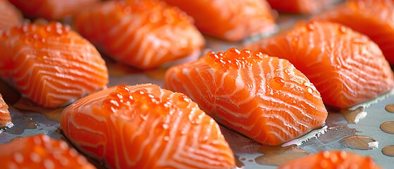 Fresh Salmon Filets with Red Caviar    Closeup of Raw Fish Ready for Cooking, Fresh Salmon Filets with Red Caviar    Closeup of Raw Fish Ready