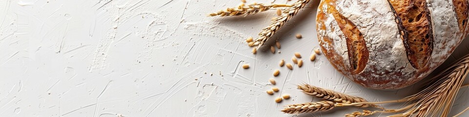 Aufkleber - A freshly baked bread loaf made with wheat flour sits on a white background, surrounded by wheat stalks.