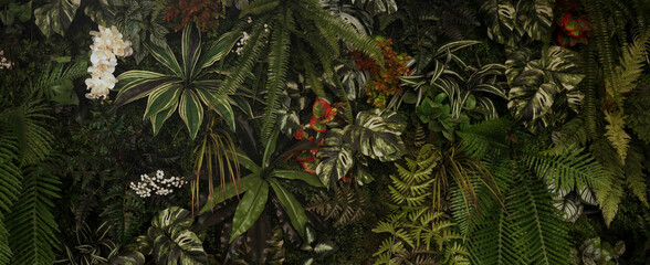 Wall Mural - abstract green leaf texture, tropical leaf foliage nature dark green background.