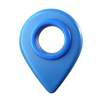 A blue map pin with a hole in the middle on a white background