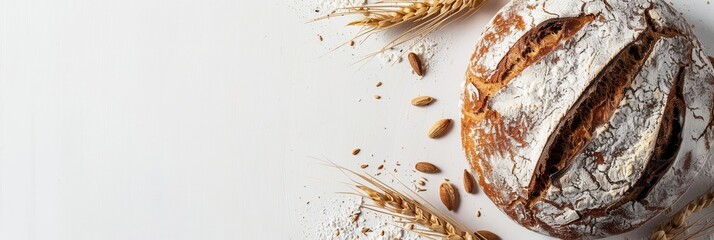 Poster - A freshly baked wheat loaf bread sits on a white background, with wheat stalks and flour scattered around it.