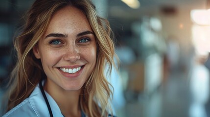 Wall Mural - Radiant Healthcare Professional: A young female doctor with a bright, genuine smile exudes warmth and competence