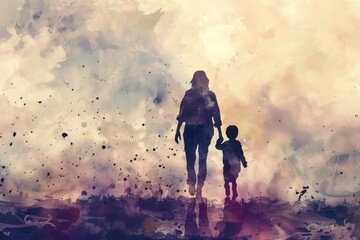 Wall Mural - a mother and child strolling along the shore, enjoying quality time together