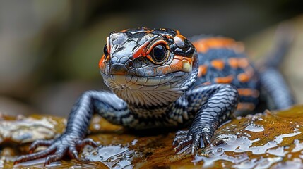 Wall Mural - Close-Up of a Black and Orange Lizard on a Rock, Realistic Image