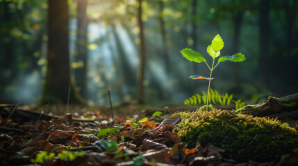 Poster - Young plant growing in a sunlit forest with rays of light, nature rejuvenation concept