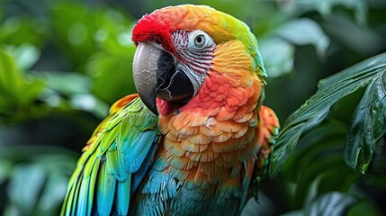 Poster - Colorful Macaw Parrot in Green Foliage - A Vivid Illustration