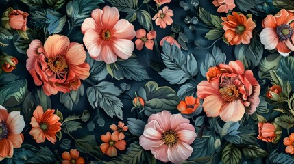 Wall Mural - Delicate pink and orange blooms displayed in a lovely vintage floral textile pattern are sure to brighten any space