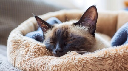 Wall Mural - Siamese cat cuddled up in its cozy bed showcasing the concept of pet care