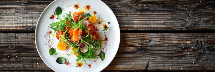 Wall Mural - A gourmet salad with colorful cherry tomatoes, yellow pear tomatoes, arugula, and radish is plated beautifully on a white plate, resting on a rustic wooden table