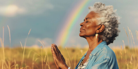 Happy senior black woman breathing fresh air outdoors in nature. African american mature female meditating outside practicing wellness meditating deep breathing. Blue sky and rainbow. Inclusive pride	