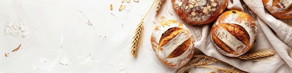 Aufkleber - A banner image showing three freshly baked loaves of wheat bread on a white background with wheat sprouts scattered around them.