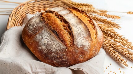 Aufkleber - A freshly baked loaf of bread with a crispy crust and a soft interior rests on a white linen cloth, surrounded by wheat stalks.