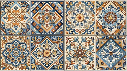 Wall Mural - Moroccan Pattern Set of patterned azulejo floor tiles. Abstract geometric background. Vector illustration, seamless Mediterranean pattern. Portuguese floor tiles azulejo design. Floor cement Talavera