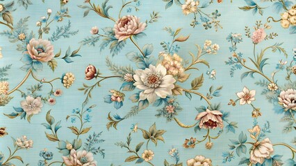 Wall Mural - Sweet fabric pattern texture Light blue with flowing floral patterns, vaguely resembling a classic painting. background for women. Copyspace.