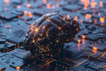 Poster - Artificial intelligence is lighting up with ideas inside a human brain model above a motherboard