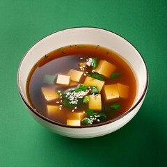 Healthy miso soup in bowl on green background