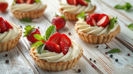 Canvas Print - Tartlets with buttercream and strawberries on white wooden background