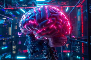 Wall Mural - Artificial intelligence brain glowing with data and connections in futuristic server room