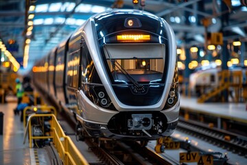 a brand new high-speed train is stationed inside a contemporary maintenance hub, reflecting technolo