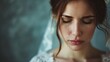 © Sanja - Emotional bride with tears in cinematic portrait on wedding day, copy space.
