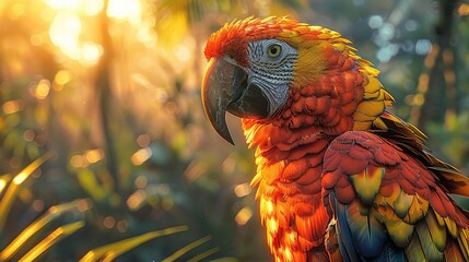 Canvas Print - Scarlet Macaw Portrait in Golden Sunlight, Realistic Photograph