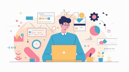 Poster - A businessman analyzes data and charts on his laptop, surrounded by various graphs, charts, and business icons, symbolizing data analysis, business strategy,  financial planning, digital marketing, an