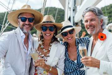 Group of happy People Posing on Boat. Generative AI