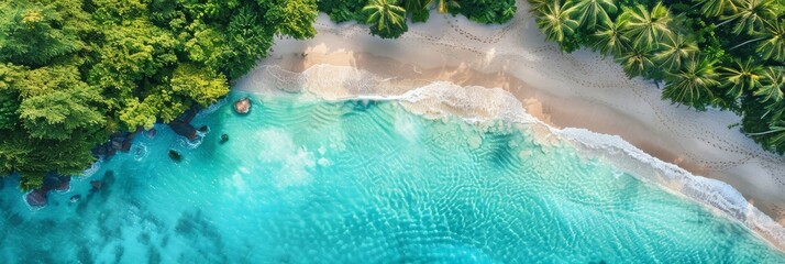 Wall Mural - An aerial photograph showcasing a secluded beach with crystal clear turquoise water lapping at the shore. Lush palm trees line the sandy beach, creating a tropical paradise