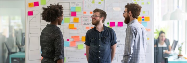 Wall Mural - Three coworkers brainstorming, smiling in front of a colorful sticky note-covered whiteboard, discussing ideas or solutions