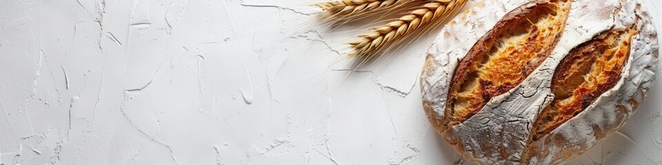 Aufkleber - A freshly baked wheat bread loaf sits on a white background with two wheat stalks to the left.