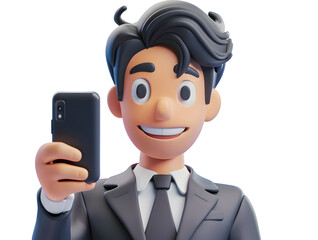 Poster - 3d cartoon guy character using cell phone and taking a selfie isolated on transparent background