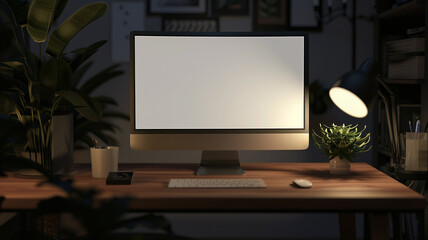 a blank white computer monitor screen on a wooden desk in a dark office room