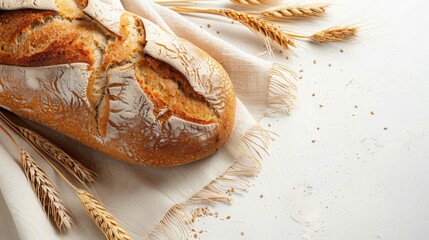 Aufkleber - A freshly baked loaf of bread sits on a white surface with wheat stalks scattered around it.