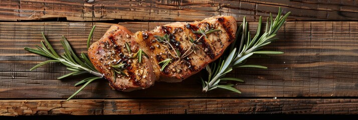 Wall Mural - Two seasoned and grilled pork chops are presented on a rustic wooden surface, garnished with fresh rosemary sprigs