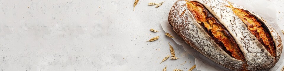 Poster - A freshly baked loaf of wheat bread sits on a white background, with wheat stalks scattered around it.