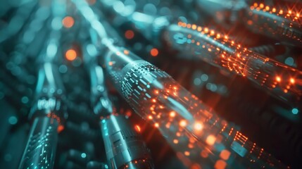 Poster - An abstract image showcasing futuristic technology with glowing orange lights. The image symbolizes innovation, progress, connectivity, data flow, and the future of technology.