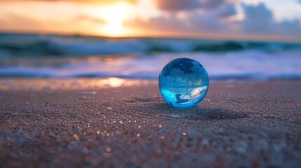 Wall Mural - A glass globe rests on the sandy beach, with the ocean waves gently lapping at the shore.  The setting sun casts a warm glow, symbolizing peace, hope, and the interconnectedness of nature.
