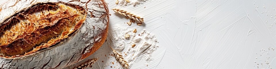 Poster - A freshly baked bread loaf with a crusty exterior, made with wheat flour, sits on a white background. Scattered wheat grains and flour complete the image.