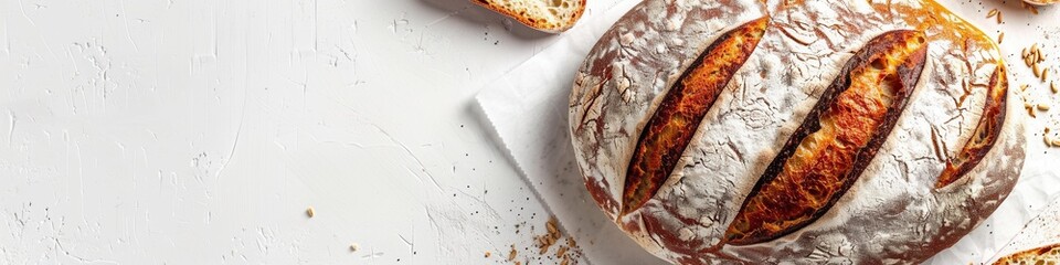 Poster - A freshly baked loaf of wheat bread sits on a white background, with a few crumbs scattered around it.